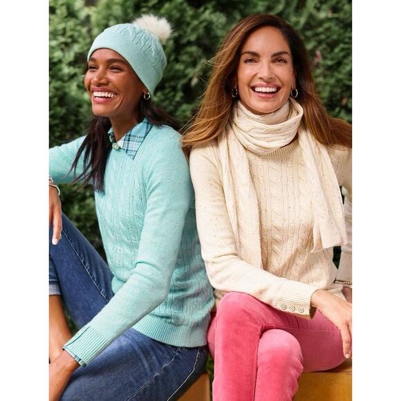 Talbots Tweed Cable Knit Sweater Light Blue Speckled Crew Neck Button Medium Pet - Picture 2 of 16